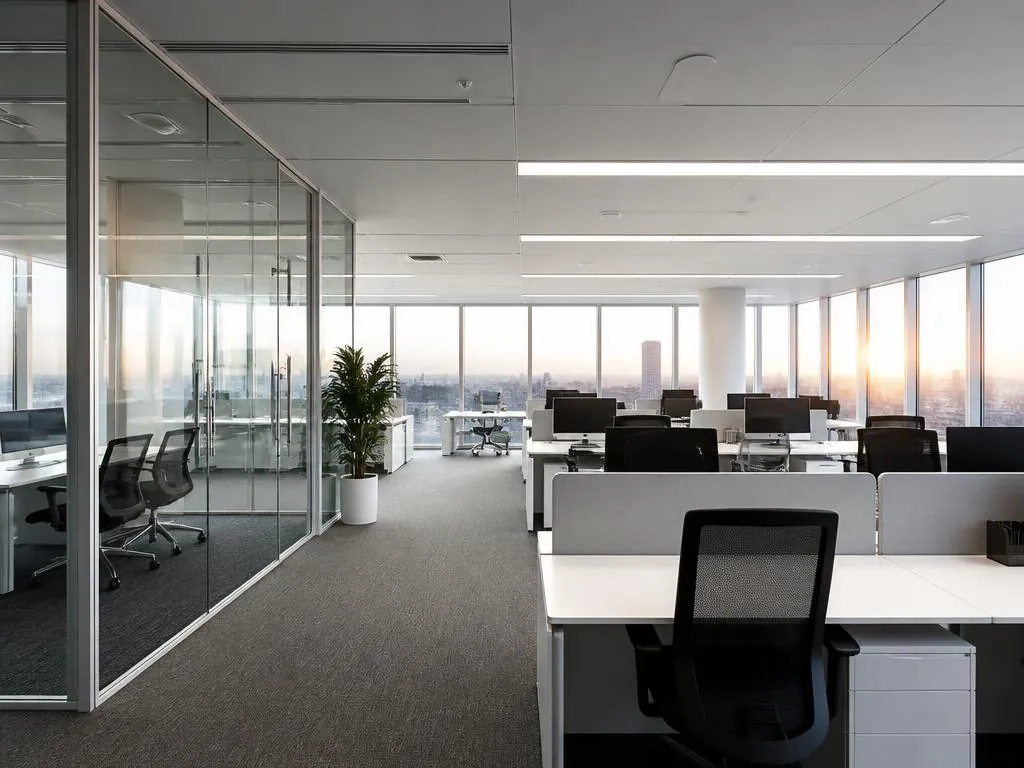 Oficina corporativa limpia y ordenada al amanecer