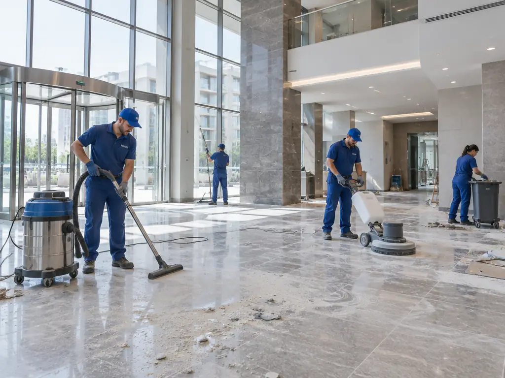 Equipo de limpieza haciendo un final de obra en el hall de un edificio
